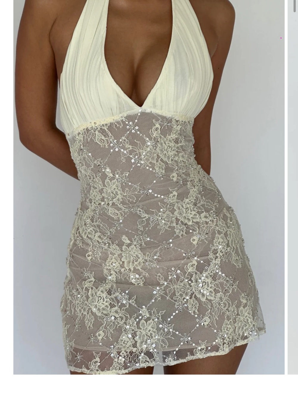 NWT XS Cherie Attire Elegant Cream Halter Lace Mini Dress
